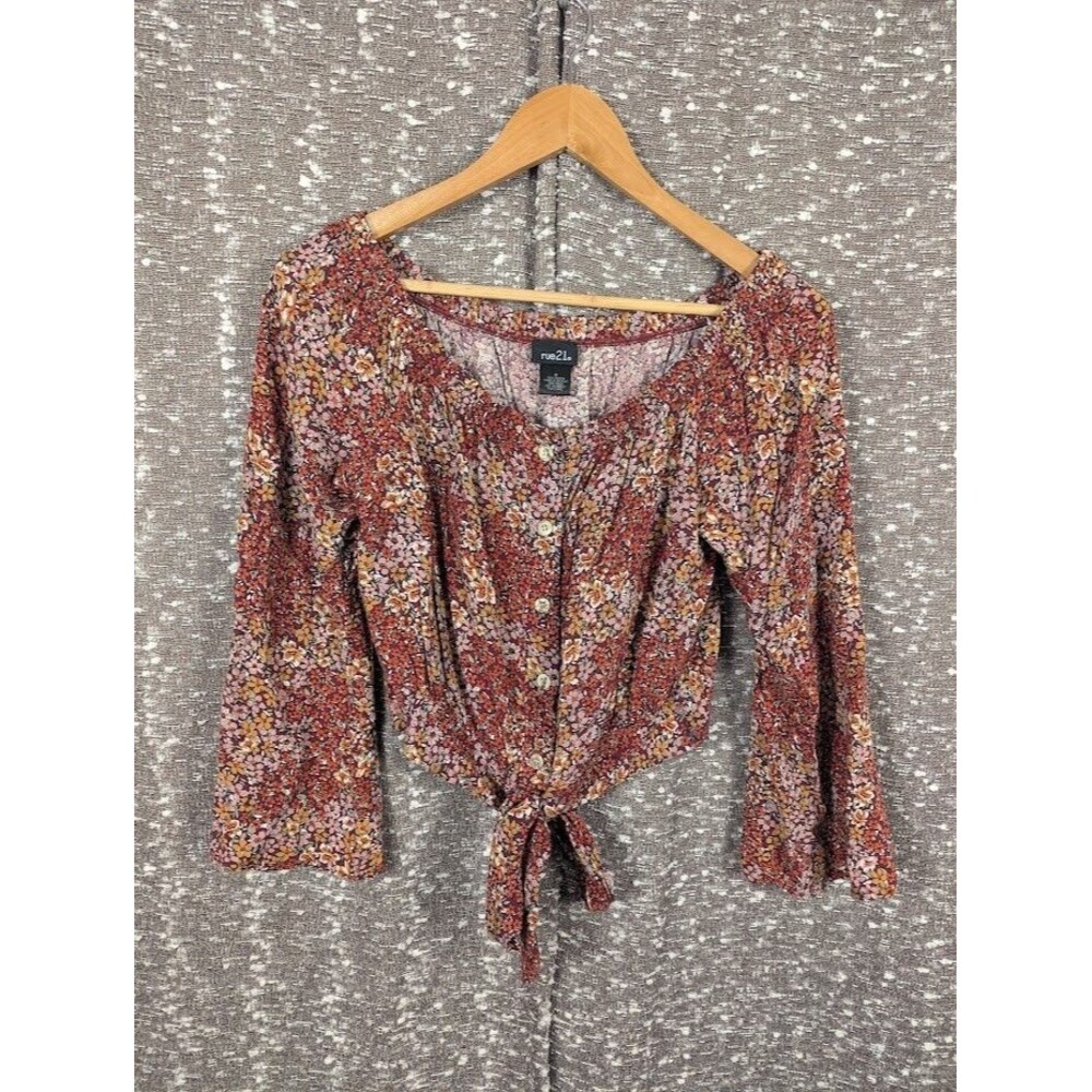 rue21 Off Shoulder Tie Bottom Button Up Women's Long Sleeve Shirt Size Medium